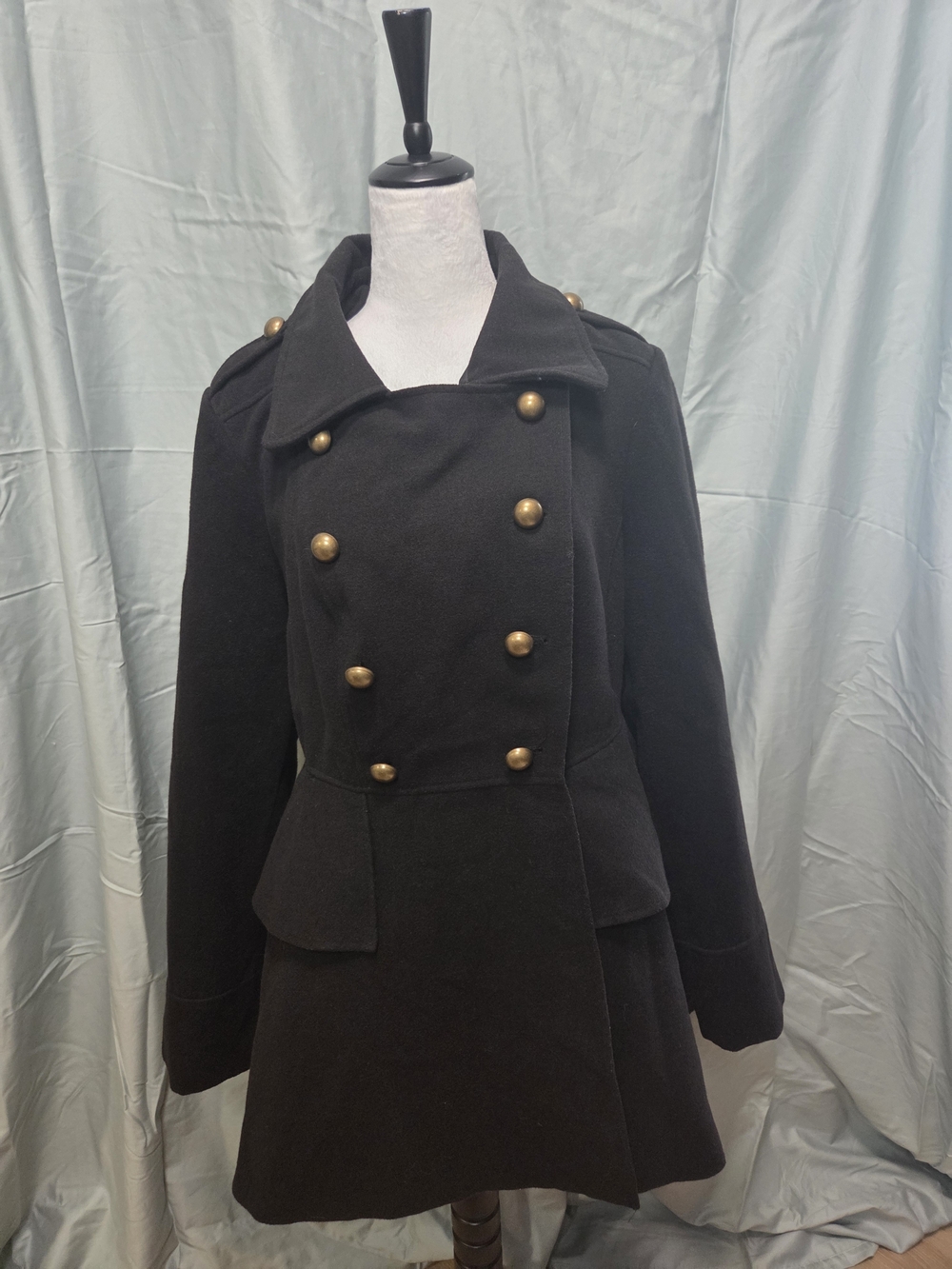VENUS Black Double-Breasted Pea Coat with Brass Buttons